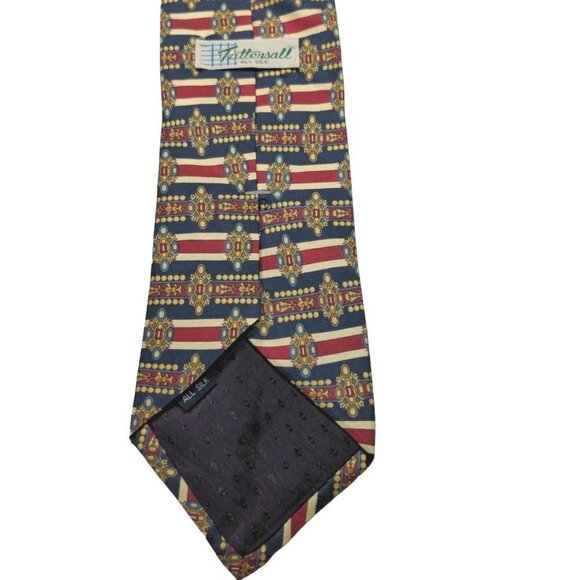 Tattersall Geometric Blue Gold Red White Novelty Silk Necktie - Picture 6 of 6